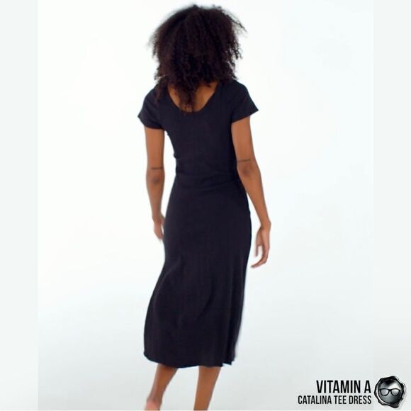 VITAMIN A CATALINA TEE LONG DRESS IN BLACK ORGANIC COTTON STRETCHY RIB KNIT MIDI - Picture 5 of 15